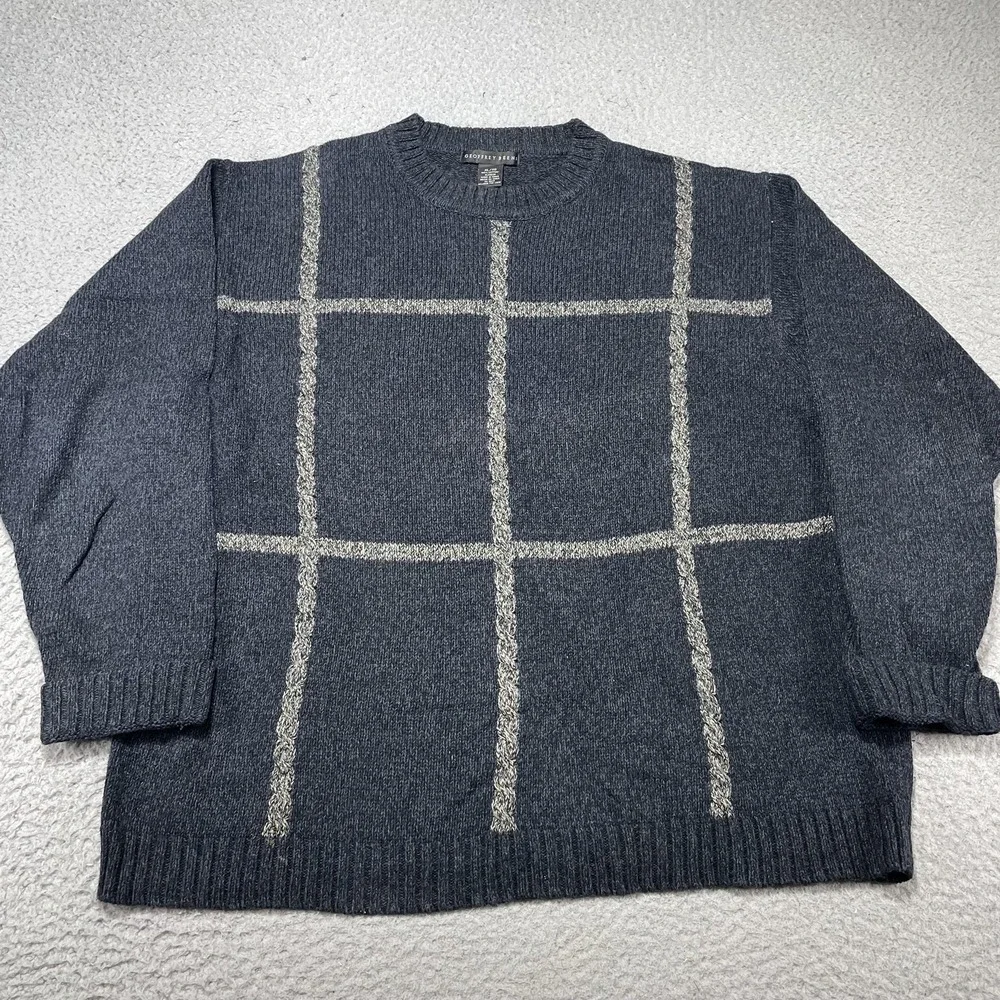 Geoffrey Beene Sweater Mens XL Blue Windowpane Check Cotton Crewneck Pullover